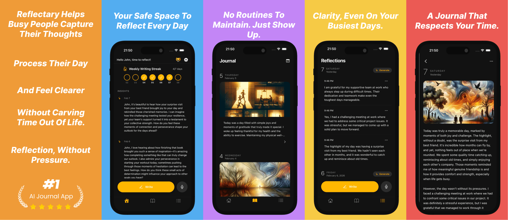 Reflectary journal app on a phone: daily notes, voice journaling, and a composed journal page